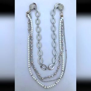WHITEHOUSE BLACK MARKET SILVERTONE 3 STRAND CUT CRYSTAL FAUX PEARL NECKLACE NWOT